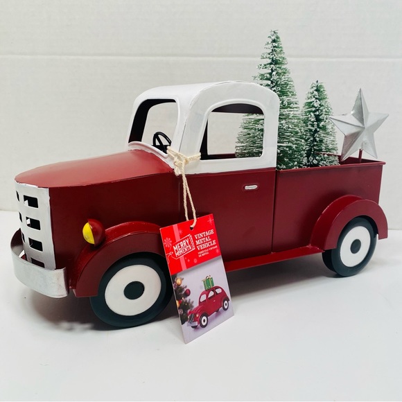Red Metal Truck Snowy Trees Decoration Centerpiece Farmhouse NEW, Vintage Look! - Picture 6 of 12